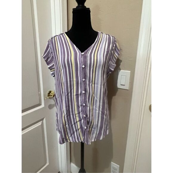 Liz Claiborne purple and yellow striped button down top - Picture 1 of 6